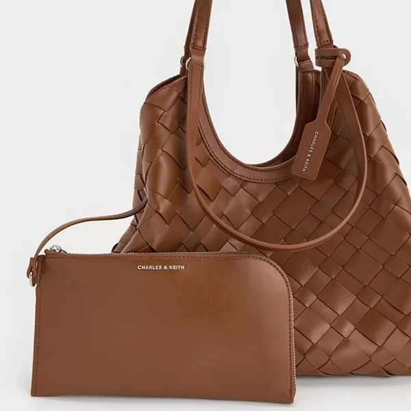 Túi Tote Nữ Charles & Keith CNK Ivette Woven Trapezoid Bag Chocolate CK2-30701583 Màu Nâu