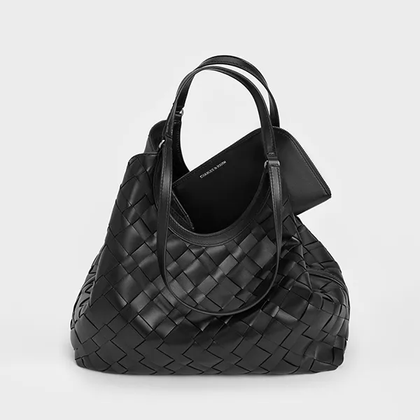 Túi Tote Nữ Charles & Keith CNK Ivette Woven Trapezoid Bag Noir CK2-30701583 Màu Đen