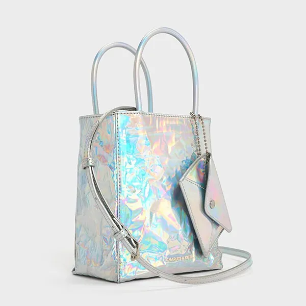 Túi Tote Nữ Charles & Keith CNK Matina Holographic Crinkle-Effect Elongated Prism Silver CK2-30782347 Màu Bạc