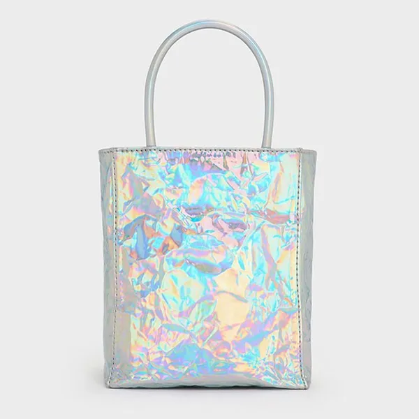Túi Tote Nữ Charles & Keith CNK Matina Holographic Crinkle-Effect Elongated Prism Silver CK2-30782347 Màu Bạc