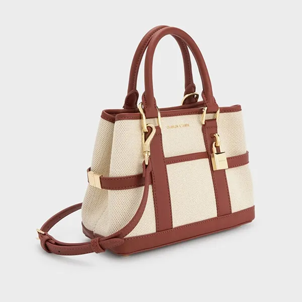 Túi Tote Nữ Charles & Keith CNK Mini Scottie Canvas Trapezoid Bag Brick CK2-30782784-1 Màu Be Nâu