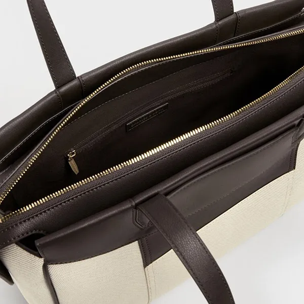 Túi Tote Nữ Charles & Keith CNK Raon Canvas Trapezoid Bag Dark Brown CK2-31200037-1 Màu Nâu Đậm