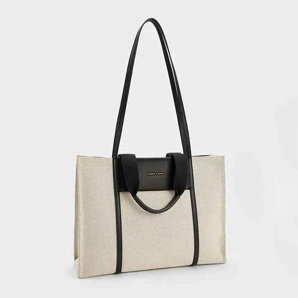 Túi Tote Nữ Charles & Keith CNK Shalia Large Double Handle Rectangular Bag Black CK2-30782048 Màu Be Đen