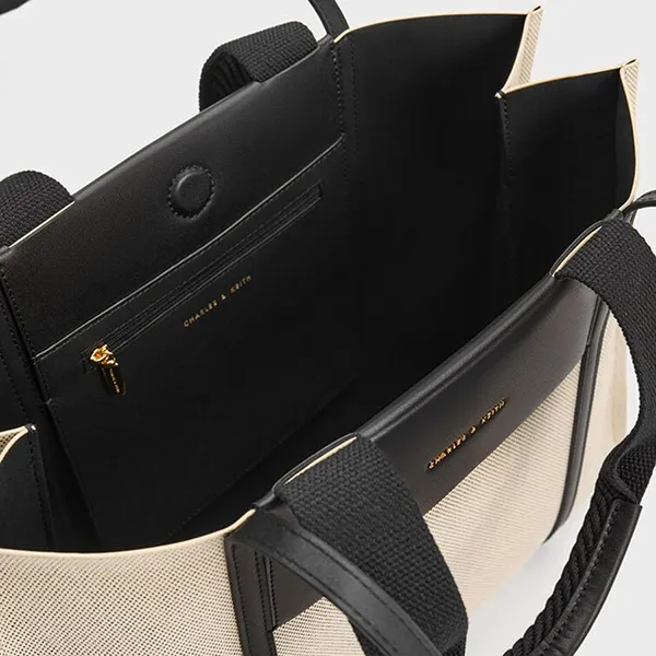 Túi Tote Nữ Charles & Keith CNK Shalia Large Double Handle Rectangular Bag Black CK2-30782048 Màu Be Đen