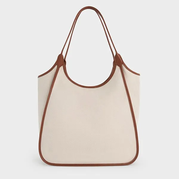 Túi Tote Nữ Charles & Keith CNK Sianna Canvas Contrast-Trim Taupe Canvas CK2-30782457-1 Màu Be Nâu