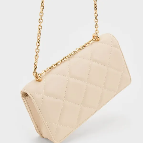 Túi Xách Nữ Charles & Keith Paffuto Quilted Chain-Handle Long Wallet - Beige CK6-10680924-3 Màu Be Kem