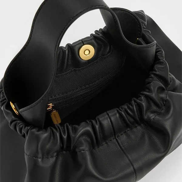 Túi Xách Tay Nữ Charles & Keith Ally Ruched Trapezoid Handbag Black CK2-10151320_BLACK Màu Đen