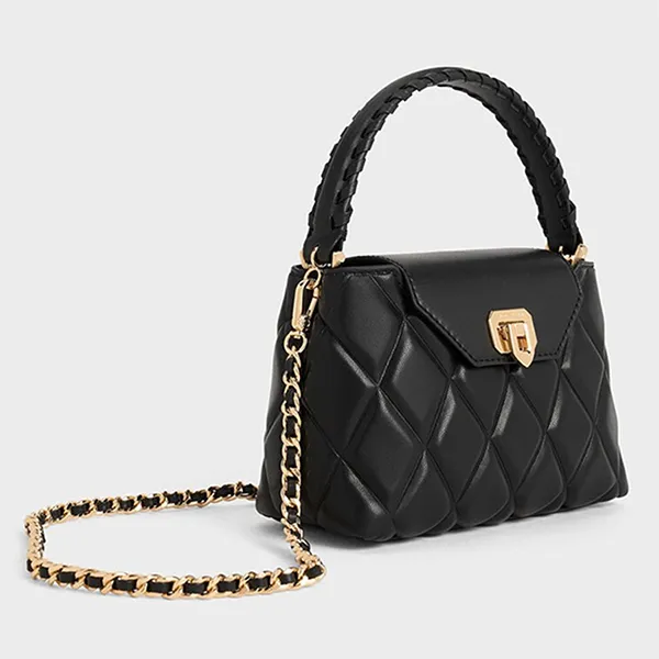 Túi Xách Tay Nữ Charles & Keith Arwen Quilted Braided Strap Trapezoid Handbag Black CK2-50782379_BLACK Màu Đen
