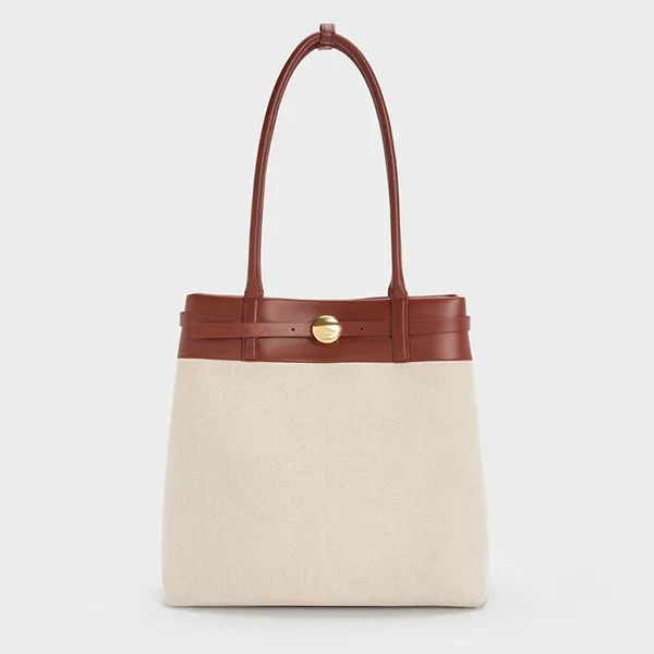 Túi Xách Tay Nữ Charles & Keith CNK Behn Canvas Belted Rectangular Bag Brick CK2-30271710-1 Màu Be Nâu