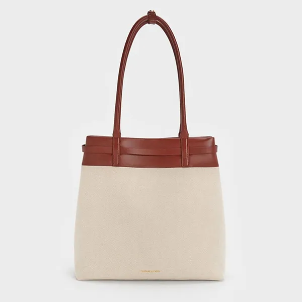 Túi Xách Tay Nữ Charles & Keith CNK Behn Canvas Belted Rectangular Bag Brick CK2-30271710-1 Màu Be Nâu