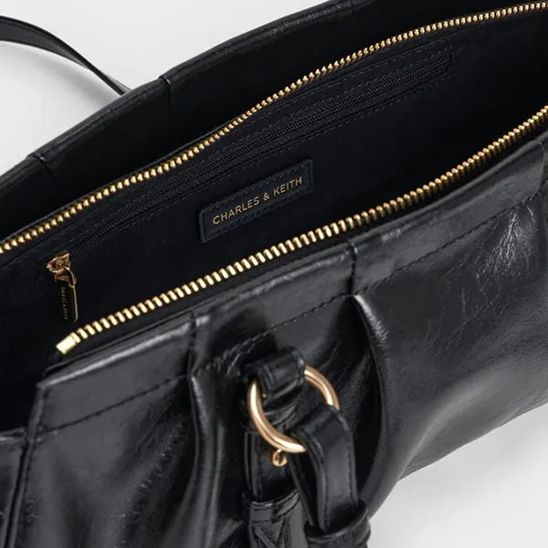 Túi Xách Tay Nữ Charles & Keith CNK Britton Ruched Trapezoid Shoulder Bag Black CK2-30671819 Màu Đen