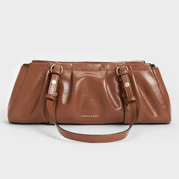 Túi Xách Tay Nữ Charles & Keith CNK Britton Ruched Trapezoid Shoulder Bag Chocolate CK2-30671819 Màu Nâu