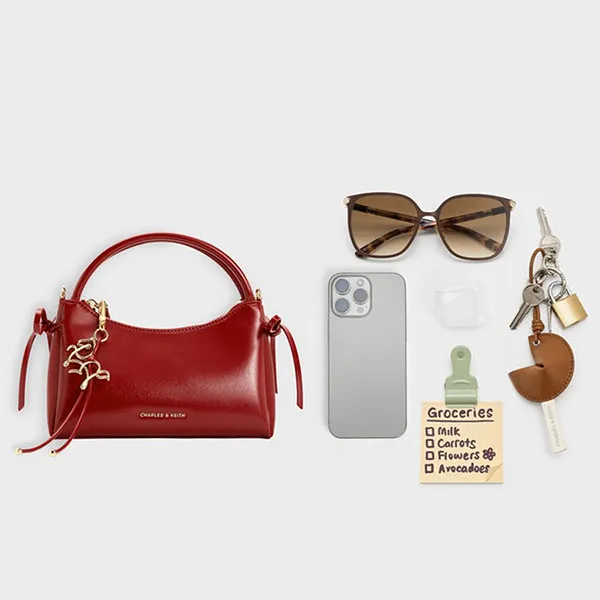 Túi Xách Tay Nữ Charles & Keith CNK Hazel Bow Horse-Motif Top Handle Bag CK2-30160255 Tomato Red Màu Đỏ