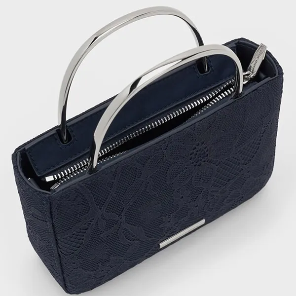 Túi Xách Tay Nữ Charles & Keith CNK Jennis Lace & Satin Rectangular Handbag Dark Blue Textured CK2-30271529 Màu Xanh Đậm