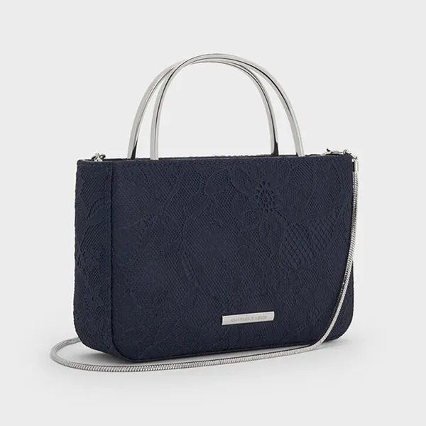 Túi Xách Tay Nữ Charles & Keith CNK Jennis Lace & Satin Rectangular Handbag Dark Blue Textured CK2-30271529 Màu Xanh Đậm