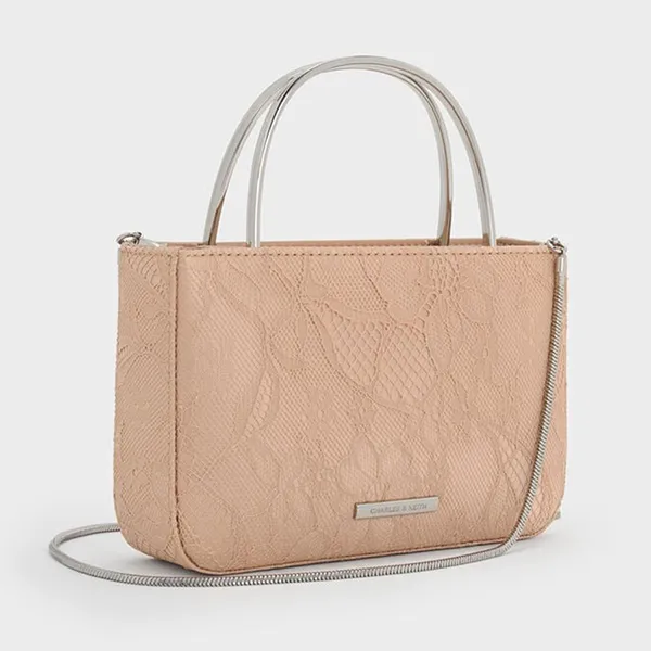 Túi Xách Tay Nữ Charles & Keith CNK Jennis Lace & Satin Rectangular Handbag Nude Textured CK2-30271529 Màu Nude
