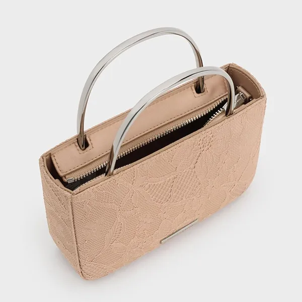Túi Xách Tay Nữ Charles & Keith CNK Jennis Lace & Satin Rectangular Handbag Nude Textured CK2-30271529 Màu Nude