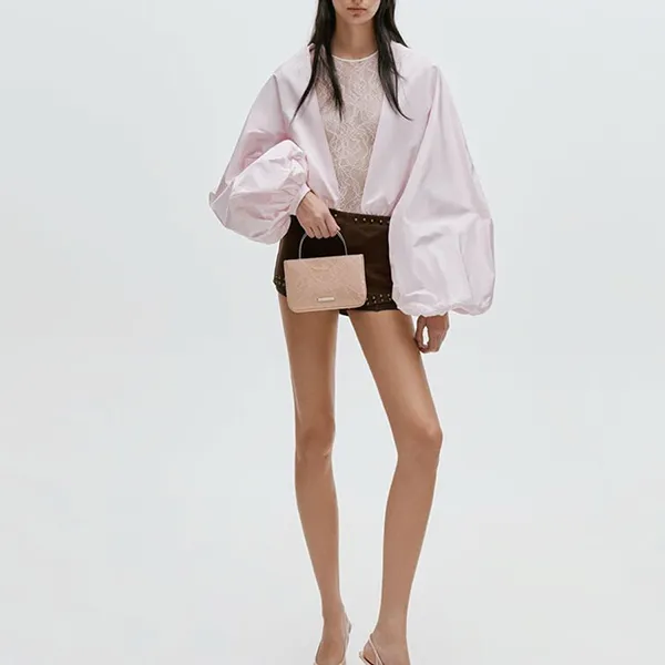 Túi Xách Tay Nữ Charles & Keith CNK Jennis Lace & Satin Rectangular Handbag Nude Textured CK2-30271529 Màu Nude