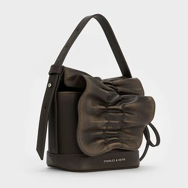 Túi Xách Tay Nữ Charles & Keith CNK Kadee Ruched Bow-Charm Mini Bag Burnished Brown CK6-40151554 Màu Nâu Đen