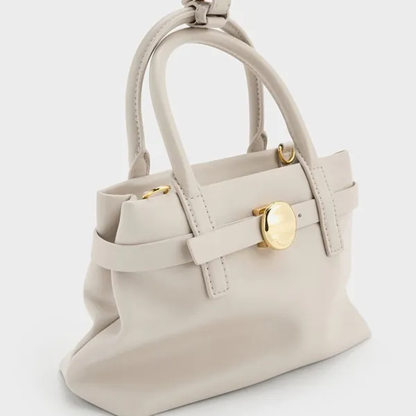 Túi Xách Tay Nữ Charles & Keith CNK Mini Behn Belted Trapezoid Handbag Shell Grey CK2-30782821 Màu Xám Nhạt