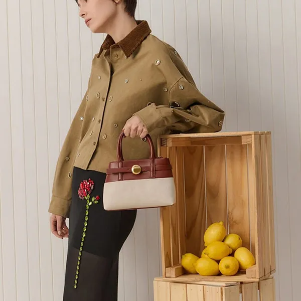 Túi Xách Tay Nữ Charles & Keith CNK Mini Behn Canvas Belted Trapezoid Handbag Brick CK2-30782821 Màu Be Nâu