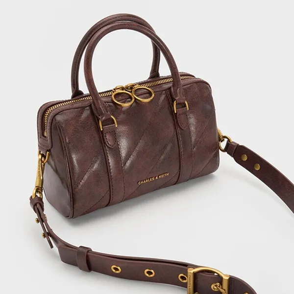 Túi Xách Tay Nữ Charles & Keith CNK Philomena Bowling Rectangular Shoulder Bag Coffee Brown CK2-30151559 Màu Nâu