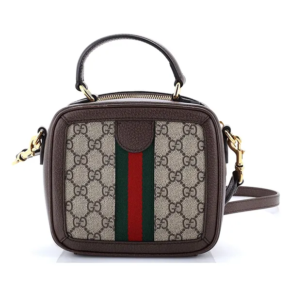 Túi Xách Tay Nữ Gucci Ophidia Zip Around Top Handle Bag GG Coated Canvas With Leather Mini Handle Bag Màu Nâu