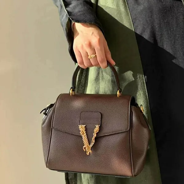 Túi Xách Tay Nữ Versace Leather Satchel Màu Nâu Đậm
