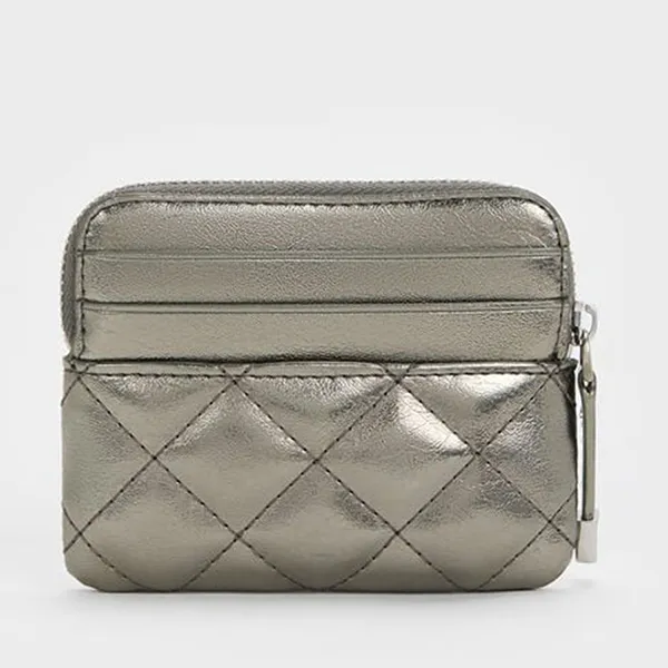 Ví Nữ Charles & Keith CNK Alva Metallic Quilted Top-Zip Card Holder - Pewter CK6-50681238_PEWTER_XXS Màu Xám