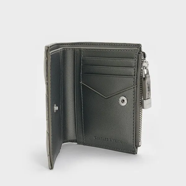 Ví Nữ Charles & Keith CNK Alva Metallic Quilted Top-Zip Small Wallet - Pewter CK6-10770729_PEWTER_XXS Màu Xám