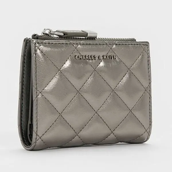 Ví Nữ Charles & Keith CNK Alva Metallic Quilted Top-Zip Small Wallet - Pewter CK6-10770729_PEWTER_XXS Màu Xám