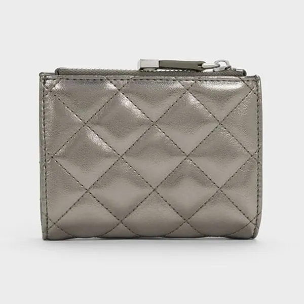Ví Nữ Charles & Keith CNK Alva Metallic Quilted Top-Zip Small Wallet - Pewter CK6-10770729_PEWTER_XXS Màu Xám