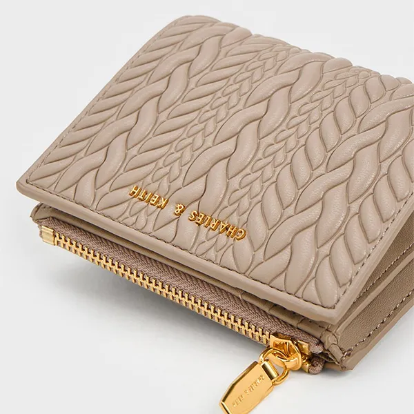 Ví Nữ Charles & Keith CNK Apolline Textured Top Zip Wallet Grey Brown CK6-10681108_TAUPE Màu Nâu Xám