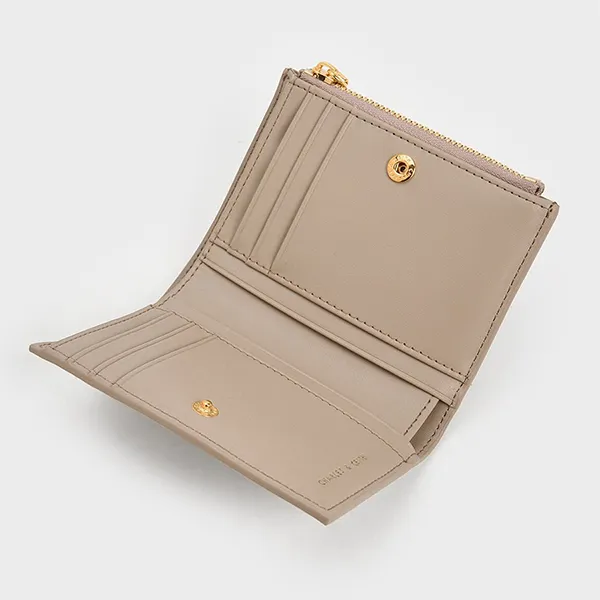 Ví Nữ Charles & Keith CNK Apolline Textured Top Zip Wallet Grey Brown CK6-10681108_TAUPE Màu Nâu Xám