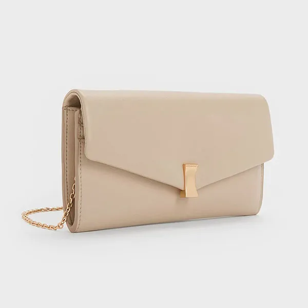 Ví Dáng Dài Nữ Charles & Keith CNK Lilibet Chain-Strap Long Wallet - Dusted Oat CK6-30770737 Màu Trắng Kem