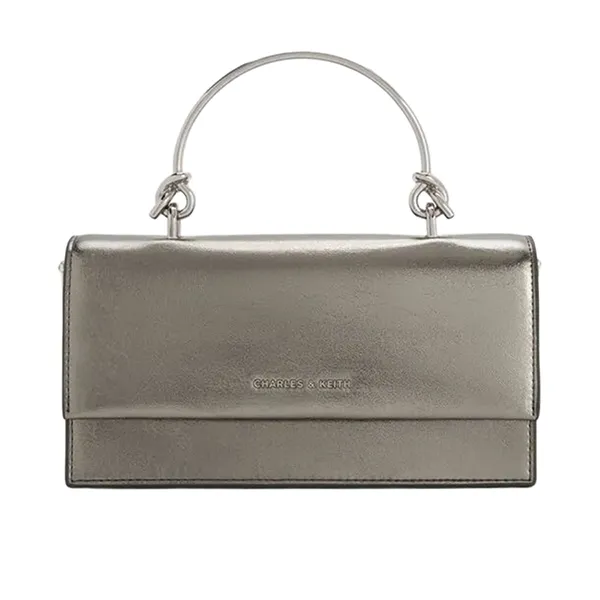 Ví Nữ Charles & Keith CNK Metallic Sculptural Handle Rectangular Long Wallet Beige Grey CK6-10840559-A_PEWTER Màu Xám Be
