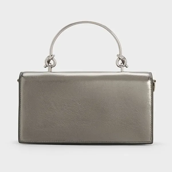 Ví Nữ Charles & Keith CNK Metallic Sculptural Handle Rectangular Long Wallet Beige Grey CK6-10840559-A_PEWTER Màu Xám Be
