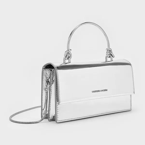 Ví Nữ Charles & Keith CNK Metallic Sculptural Handle Rectangular Long Wallet Silver CK6-10840559-A_SILVER Màu Bạc