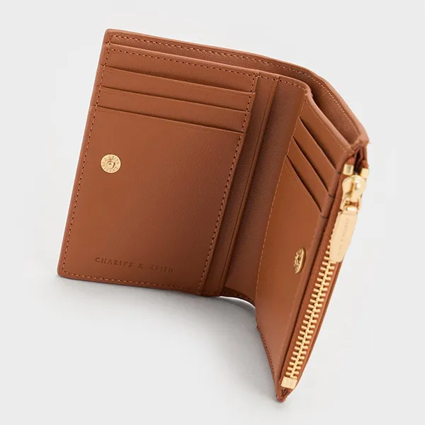 Ví Nữ Charles & Keith CNK Midori Geometric Short Wallet Auburn Brown CK6-10770628_TAN Màu Nâu Cam
