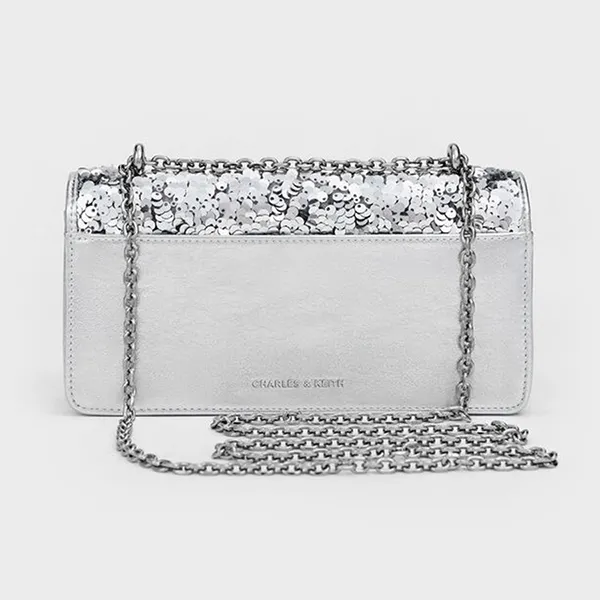 Ví Nữ Charles & Keith CNK Paffuto Sequinned Wallet On Chain - Silver CK6-10680924-A_SILVER_XS Màu Bạc