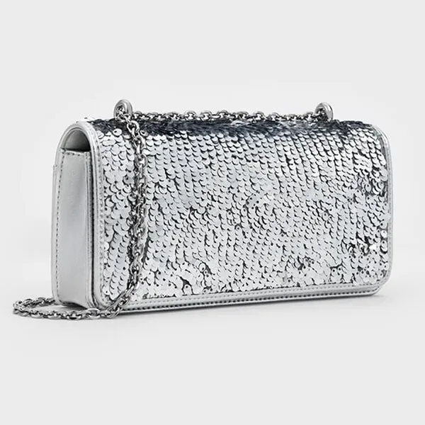 Ví Nữ Charles & Keith CNK Paffuto Sequinned Wallet On Chain - Silver CK6-10680924-A_SILVER_XS Màu Bạc