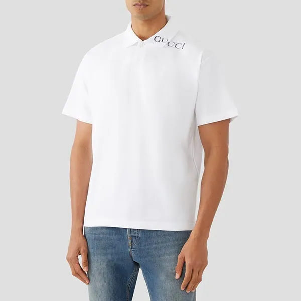 Áo Polo Nam Gucci Dropped Shoulder With Logo Print In White 806255/XJG149074 Màu Trắng Size XS