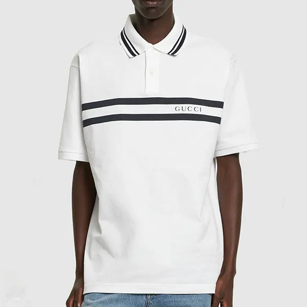 Áo Polo Nam Gucci Logo Stretch Cotton Piquet Polo Shirt Màu Trắng Size XS