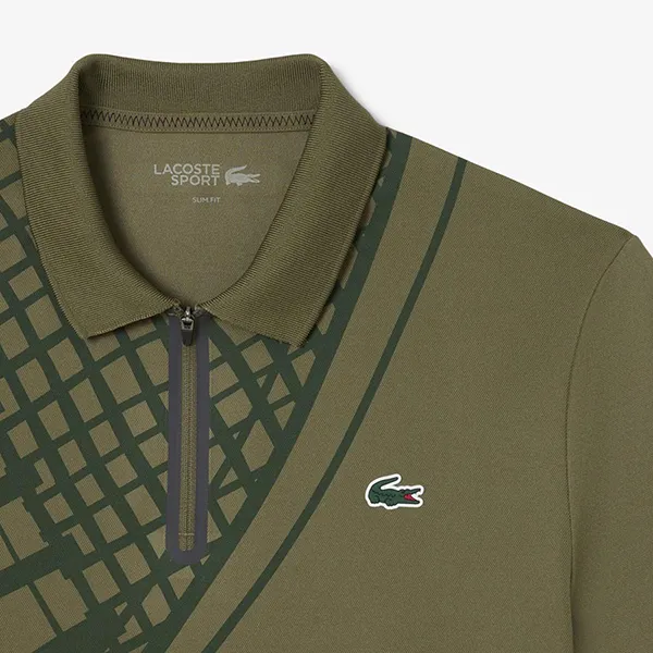 Áo Polo Nam Lacoste Men's Ultra Dry Printed Slim Fit Tennis DH4756 - E9F Màu Xanh Kaki Size 3