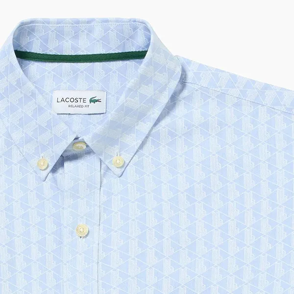 Áo Sơ Mi Cộc Tay Nam Lacoste Monogram Print Jacquard Chambray Oxford Shirt CH4730 - HBP Màu Xanh Blue Size 39