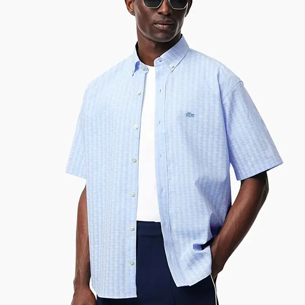Áo Sơ Mi Cộc Tay Nam Lacoste Monogram Print Jacquard Chambray Oxford Shirt CH4730 - HBP Màu Xanh Blue Size 39