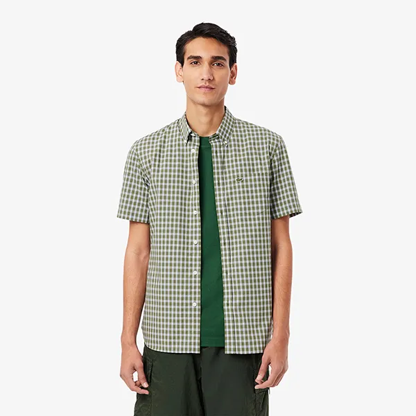 Áo Sơ Mi Cộc Tay Nam Lacoste Plaid Short Sleeve Shirt With Collar Buttons CH0744 - IC3 Màu Xanh Green Size 38