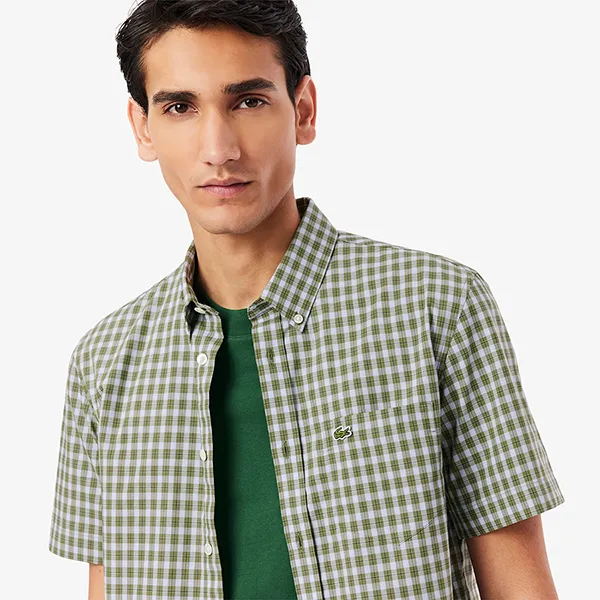 Áo Sơ Mi Cộc Tay Nam Lacoste Plaid Short Sleeve Shirt With Collar Buttons CH0744 - IC3 Màu Xanh Green Size 38