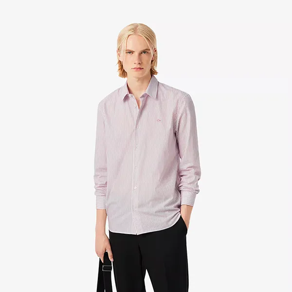 Áo Sơ Mi Dài Tay Nam Lacoste Men's Regular Fit Striped Button Down Shirt CH9087 - 7I4 Màu Trắng/Đỏ Size 41