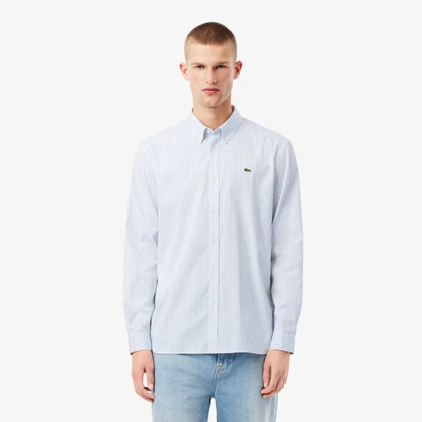 Áo Sơ Mi Dài Tay Nam Lacoste Regular Fit Striped Pinpoint Shirt CH5084 - 737 Màu Xanh Green/Trắng Size 37